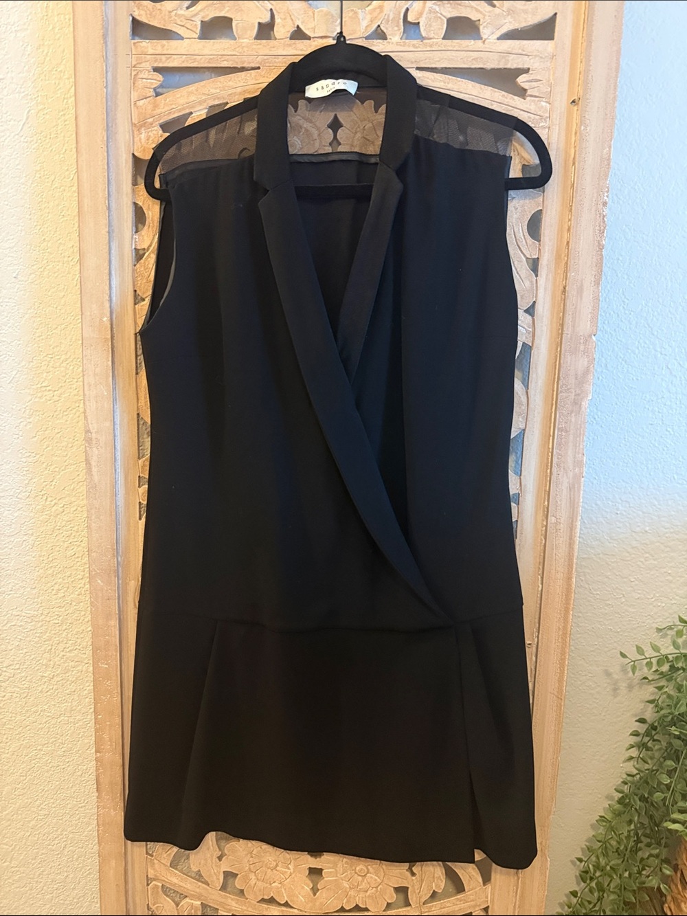 Sandro Paris Black Tuxedo Sleeveless Mini Dress Sheer Mesh Size 3